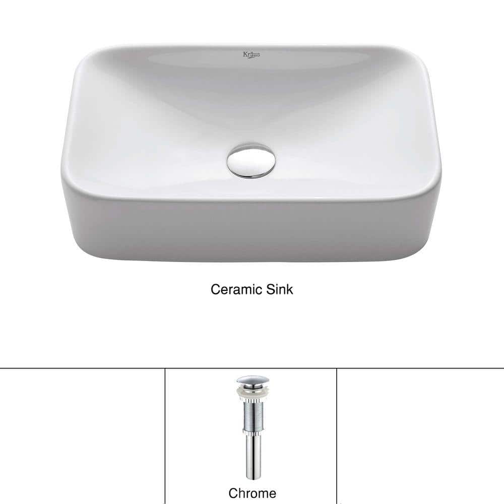 White Ceramic Rectangular Above-Counter Vessel Sink with Chrome Drain