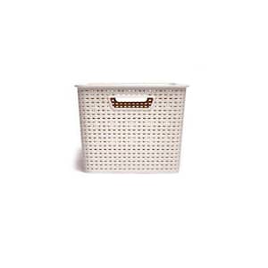 7 Gal. Plastic Woven Storage Basket Bin with Matching Lid in Cream