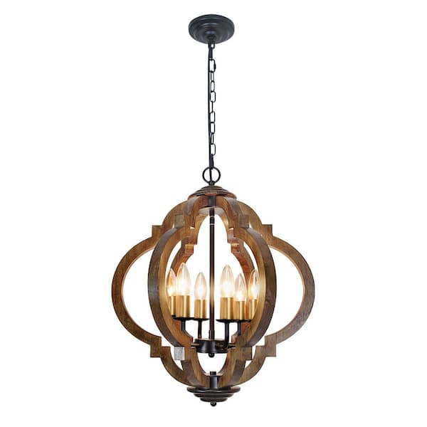 Rviezza 6-Light Farmhouse Brown Wood Chandelier, Rustic Orb Pendant Lighting Fixture with Adjustable Chain