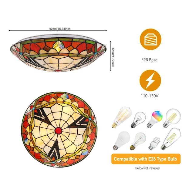 OUKANING 15.7 in. 3-Light Multicolored Mosaic Tiffany Flush Mount