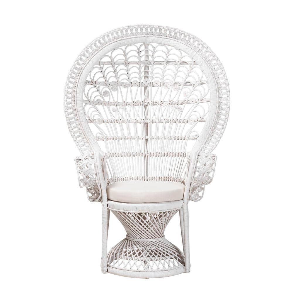 Handcrafted White Rattan Peacock Accent Chair with Geometric Design