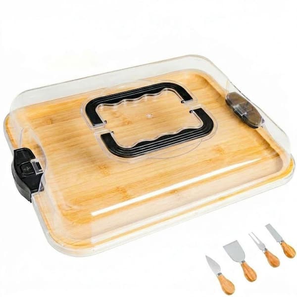 Bamboo Charcuterie Board with Clear Locking Lid Single Compartment Travel Portable Cutting Board 15.35