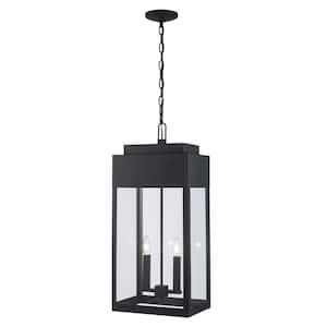 Marley 22.7 in. 2-Light Black Outdoor Hanging Pendant Light Fixture with Clear Glass