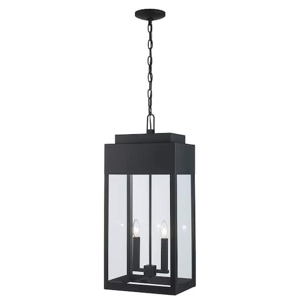 Marley 22.7 in. 2-Light Black Outdoor Hanging Pendant Light Fixture with Clear Glass