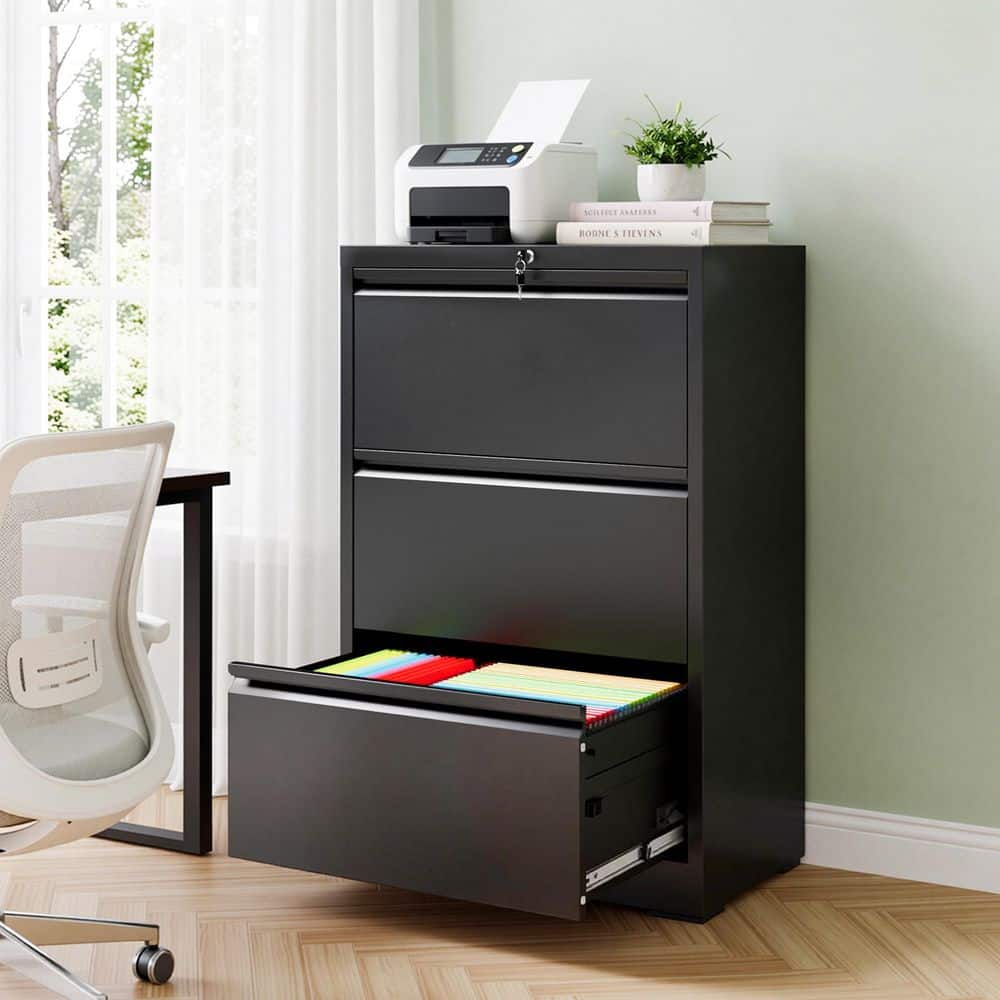 Black 40.4 in. H Accent Cabinet Office Storage Cabinet with 3 Drawers and Locking Anti-Tip File Cabinet