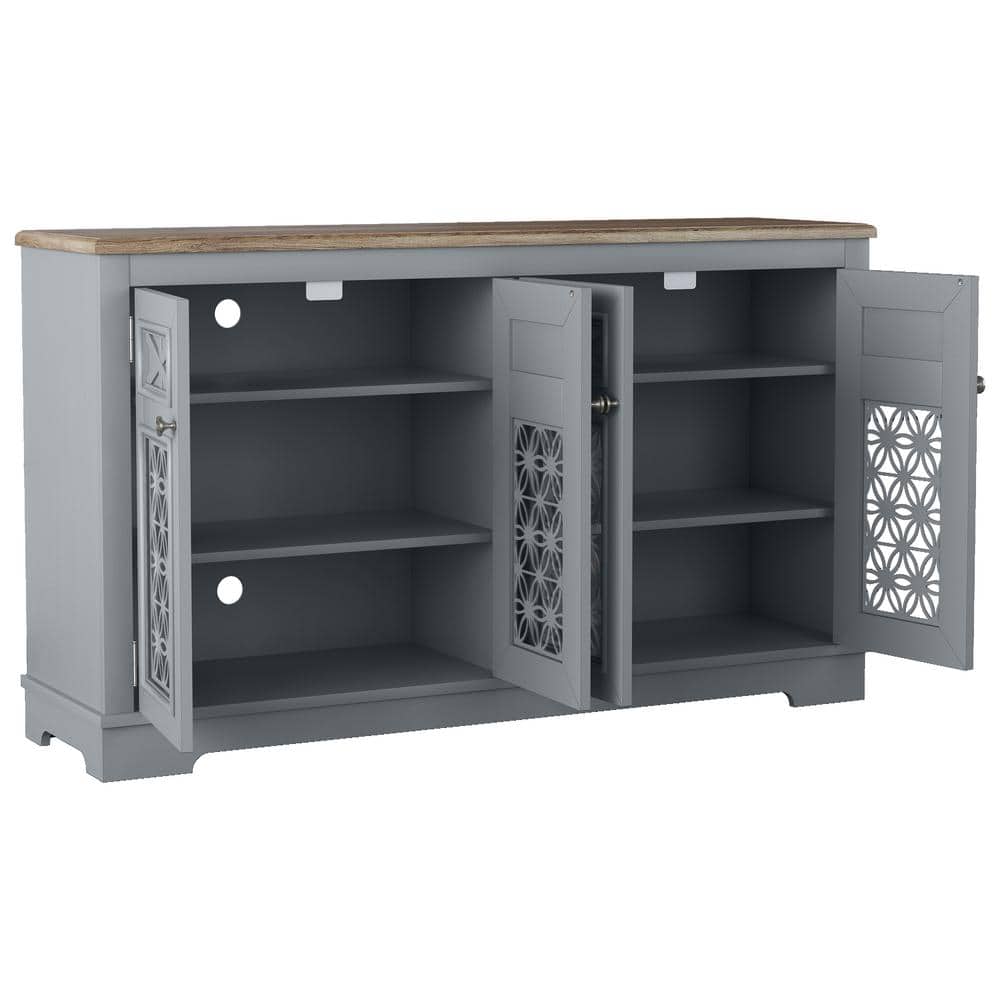 Vintage Gray Wood Buffet Sideboard with Glass Doors and Adjustable Shelves