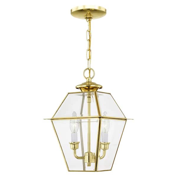 AVIANCE LIGHTING Ainsworth 14 in. 2-Light Polished Brass Dimmable Outdoor Pendant Light with Clear Beveled Glass and No Bulbs Included