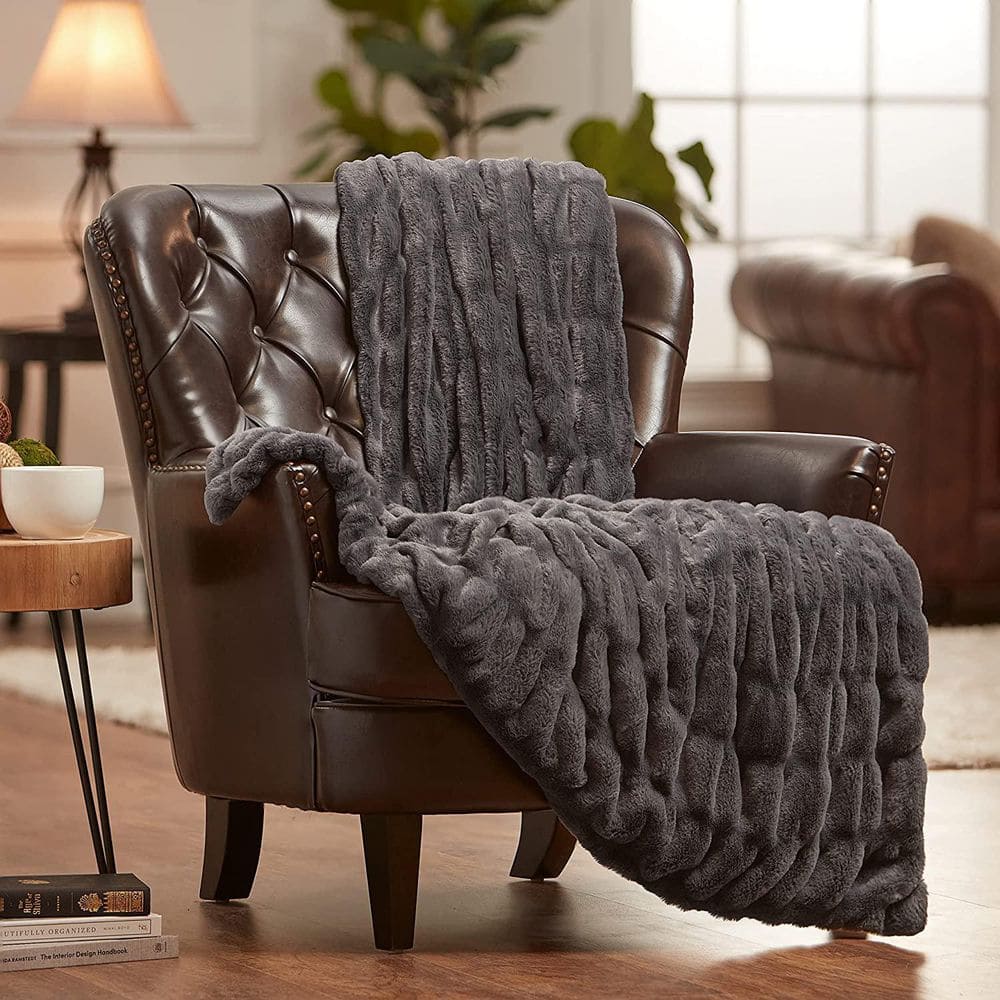 Gray Reversible Faux Fur and Mink Throw Blanket 50x65 Inches