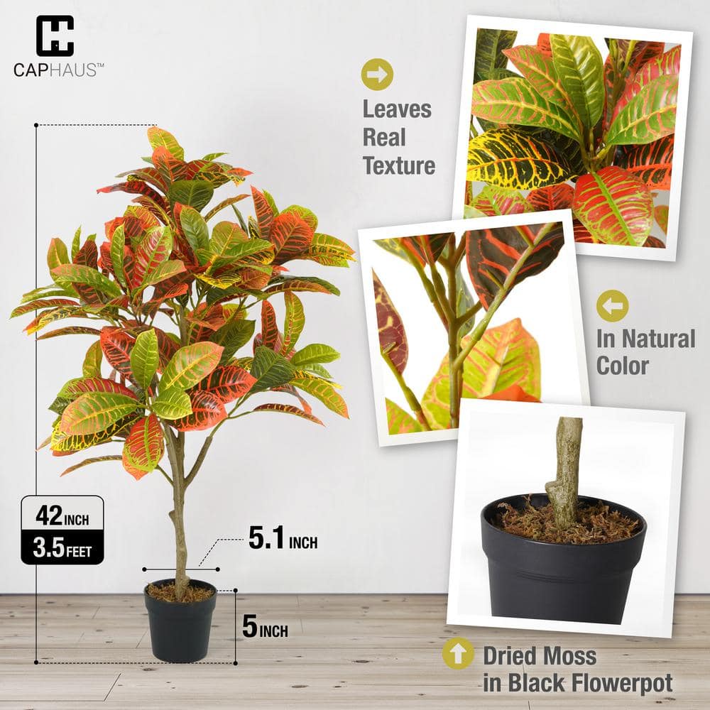 42" Multicolor Artificial Croton Topiary Tree with Plastic Pot