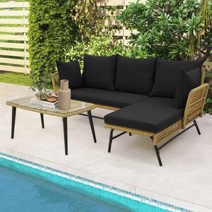 3-Piece Plastic Patio Conversation Set L-Shaped Sofa Furniture Deck Garden with Black Cushions