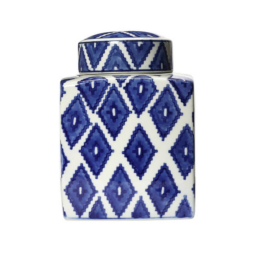 Blue and White Ceramic Diamond Pattern Ginger Jar with Lid