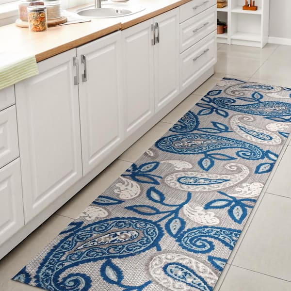 JONATHAN Y Julien Paisley High-Low Blue/Light Gray 2 ft. x 10 ft. Indoor/Outdoor Runner Rug