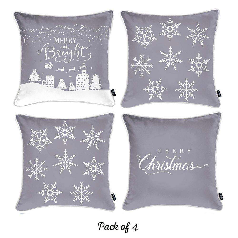 Gray and White Christmas Polyester Euro Pillow Covers Set of 4