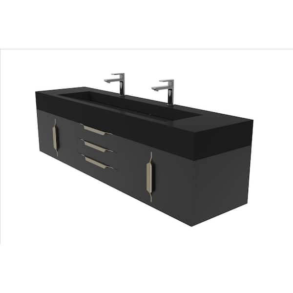 castellousa Nile 72 in. W. x 19 in. D. x 20 in. H Single Bath Vanity in Matte Black with Gold Trim and Black Solid Surface Top