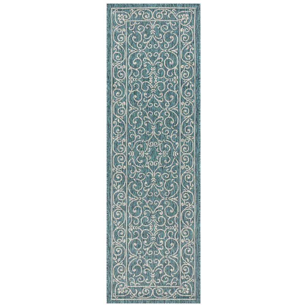 Teal Polypropylene 2 ft. x 8 ft. Floral Indoor Runner Rug