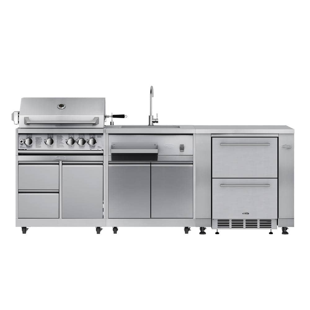 Kitchen with 30 in. Liquid Propane Grill with 5-Burners, Cabinet, Sink, and Refrigerator with Cabinet in Stainless Steel