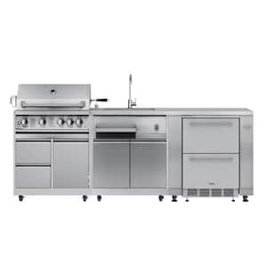 Kitchen with 30 in. Liquid Propane Grill with 5-Burners, Cabinet, Sink, and Refrigerator with Cabinet in Stainless Steel