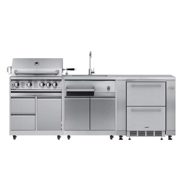 Outdoor Kitchen Set with 30 in. BBQ Grill and Cabinet, Sink, and Refrigerator with Cabinet in Stainless Steel
