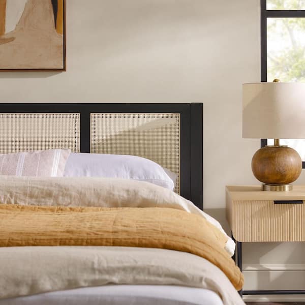 Modern Black Wood Frame King Platform Bed with Wood and Rattan Panel Headboard