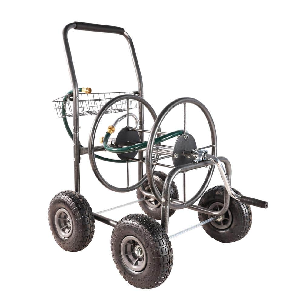 Portable Hose Reel 4 Wheels Garden Cart, with Storage Basket Heavy-Duty Wat