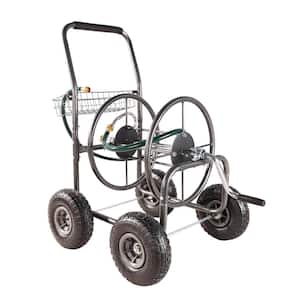 Portable Hose Reel 4 Wheels Garden Cart, with Storage Basket Heavy Duty Water Hose Holder, Green for Garden Watering