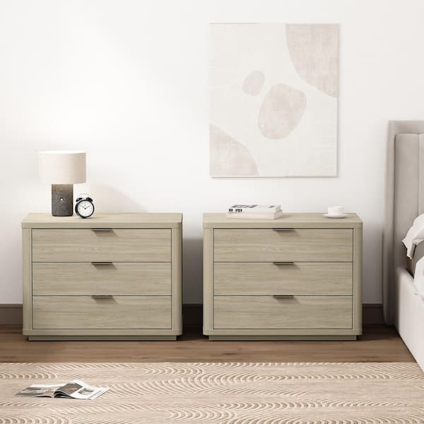 Manhattan Comfort Evelyn Modern Natural 3-Full Extension Drawer 32 in. W Nightstand (Set of 2)