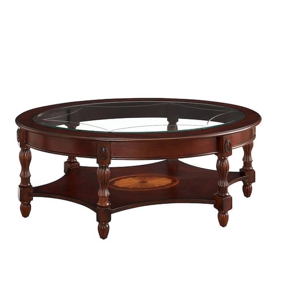 Angel Sar 46 in. Brown Round Glass Top Coffee Table with a Storage Shelf, Solid Wood Frame