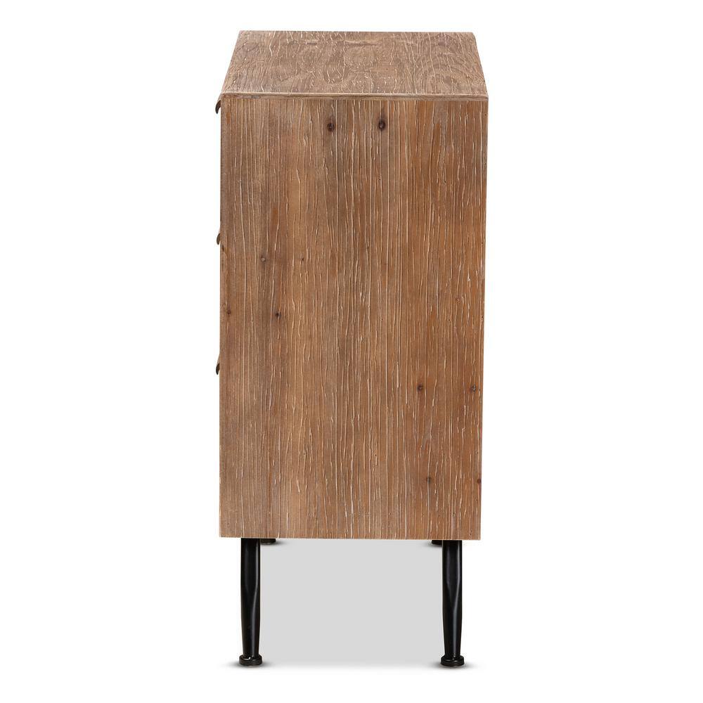 Mid-Century Natural Brown Wood and Rattan 3-Drawer Cabinet