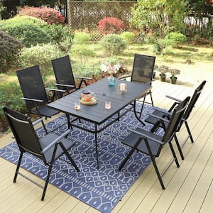 7-Piece Black Metal Patio Outdoor Dining Set with Rectangle Table and Black Folding Reclining Sling Chairs