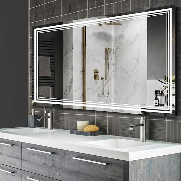 Unbranded 60 in. W x 40 in. H Large Rectangular Frameless Anti-Fog LED Wall Bathroom Vanity Mirror in Silver, Front Light