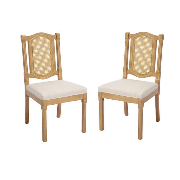Beige Full Solid Wood Rattan-Back Dining Chair Set of 2 French Bistro Chairs with Upholstered Matte Linen Cushion