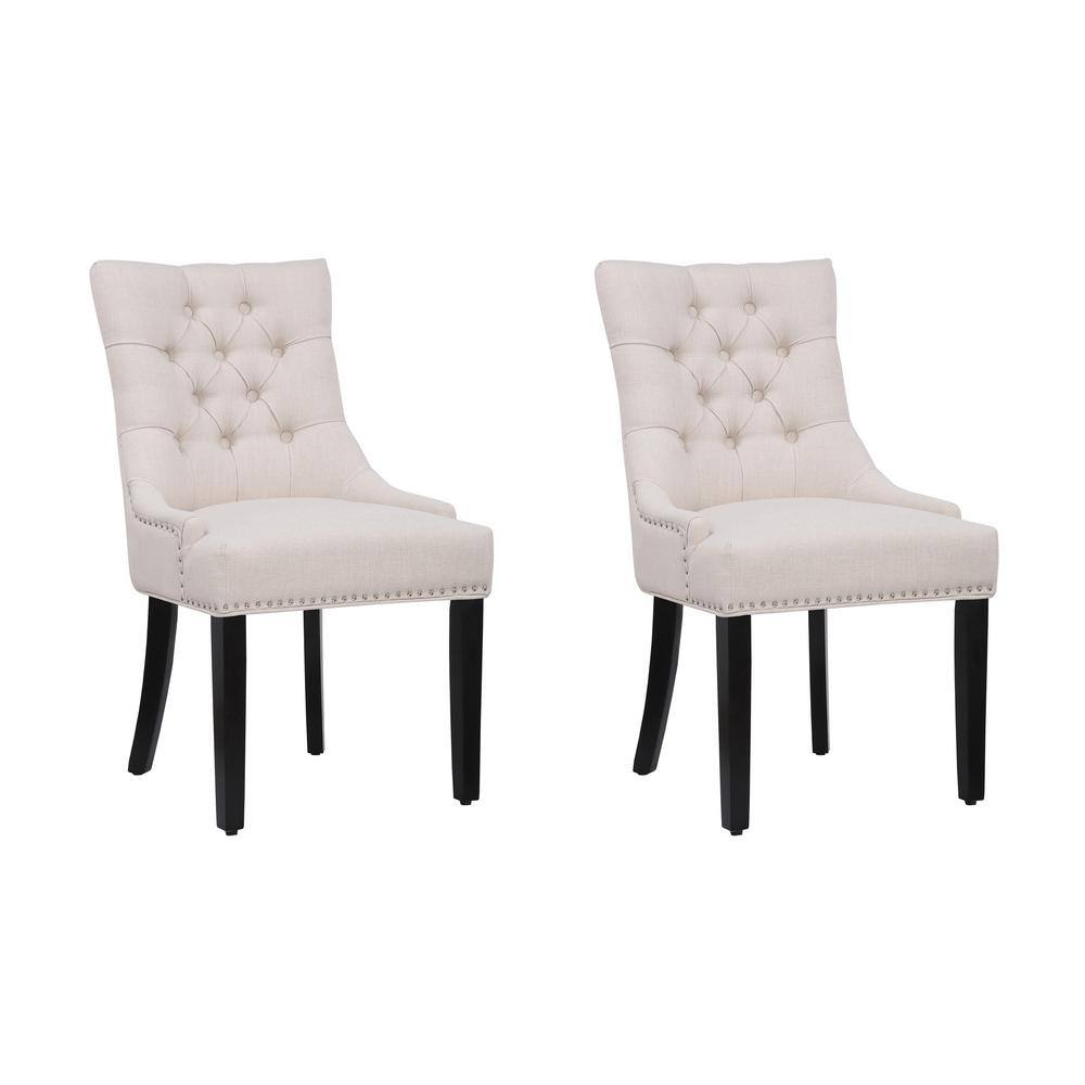 Beige Linen Upholstered High Back Side Chair with Wood Legs