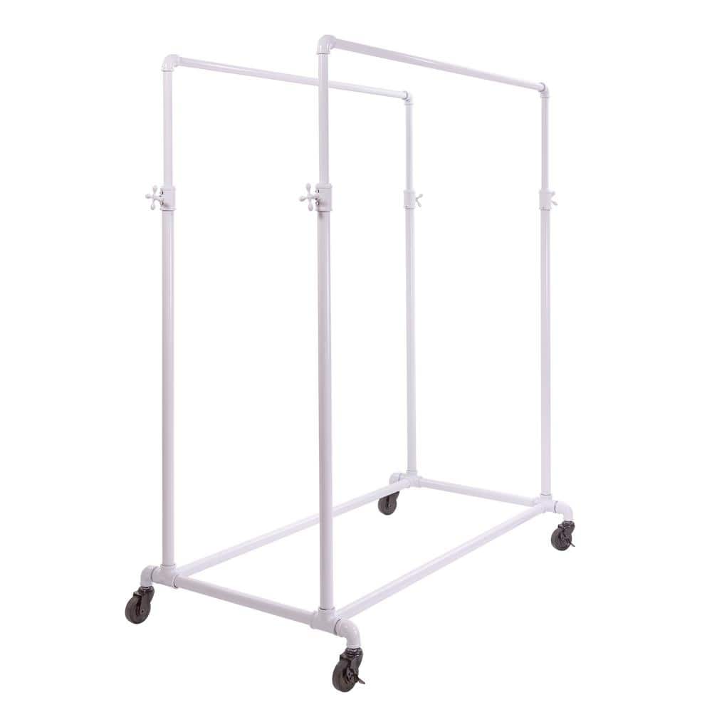 Pipeline White Metal Adjustable Double Bar Rolling Clothes Rack 50 in. W x 
