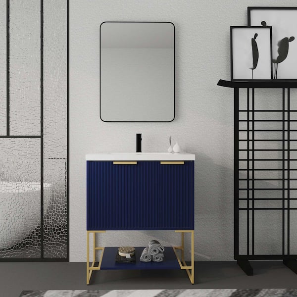 FUNKOL 30 in. W x18.10 in. D x 35 in. H Bath Vanity In Blue With White Resin Basin Top