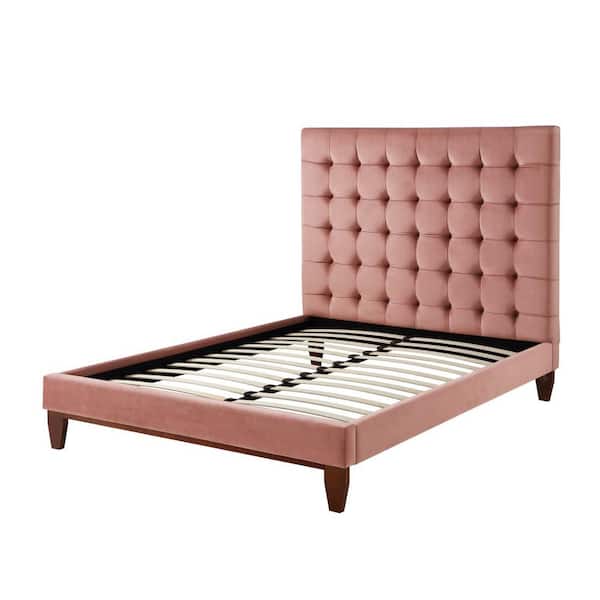 Inspired Home Telford Blush Queen Size Platform Bed Upholstered Tufted Velvet