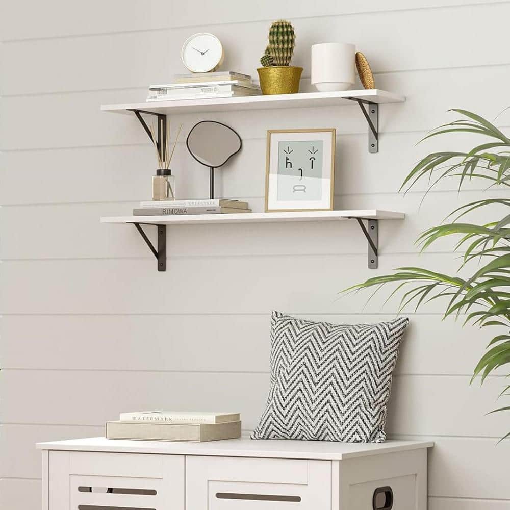 White Wood Floating Wall Shelves with Black Brackets, Set of 2
