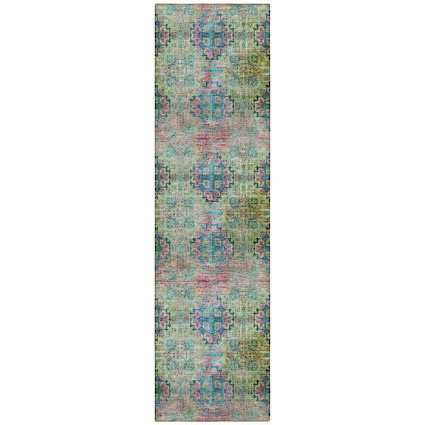 Blue, Green 2 ft. x 8 ft. Woven Floral;Medallion Polyester Runner Indoor / Outdoor Area Rug