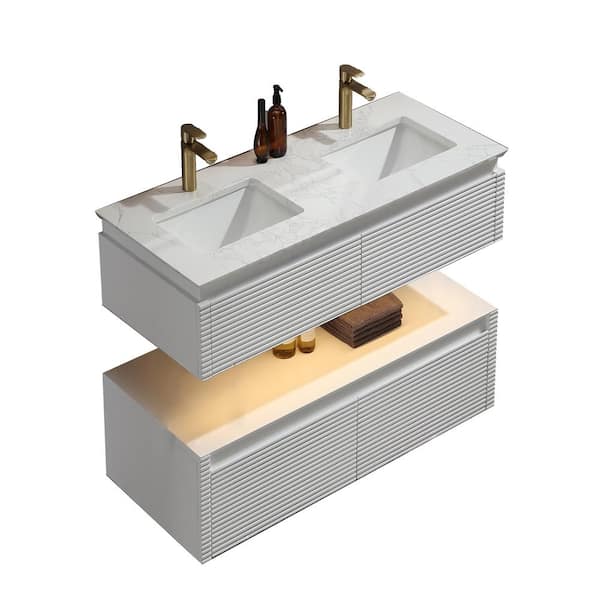 Modland Wilton 48 in. W x 20.8 in. D x 19.6 in. H Floating Bathroom Vanity Set in White with White Double Undermount Basins