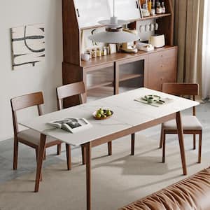 White and Walnut Sintered Stone 4-Legs 100% Solid Wood Extendable Dining Table Seats-8, Chairs not Included