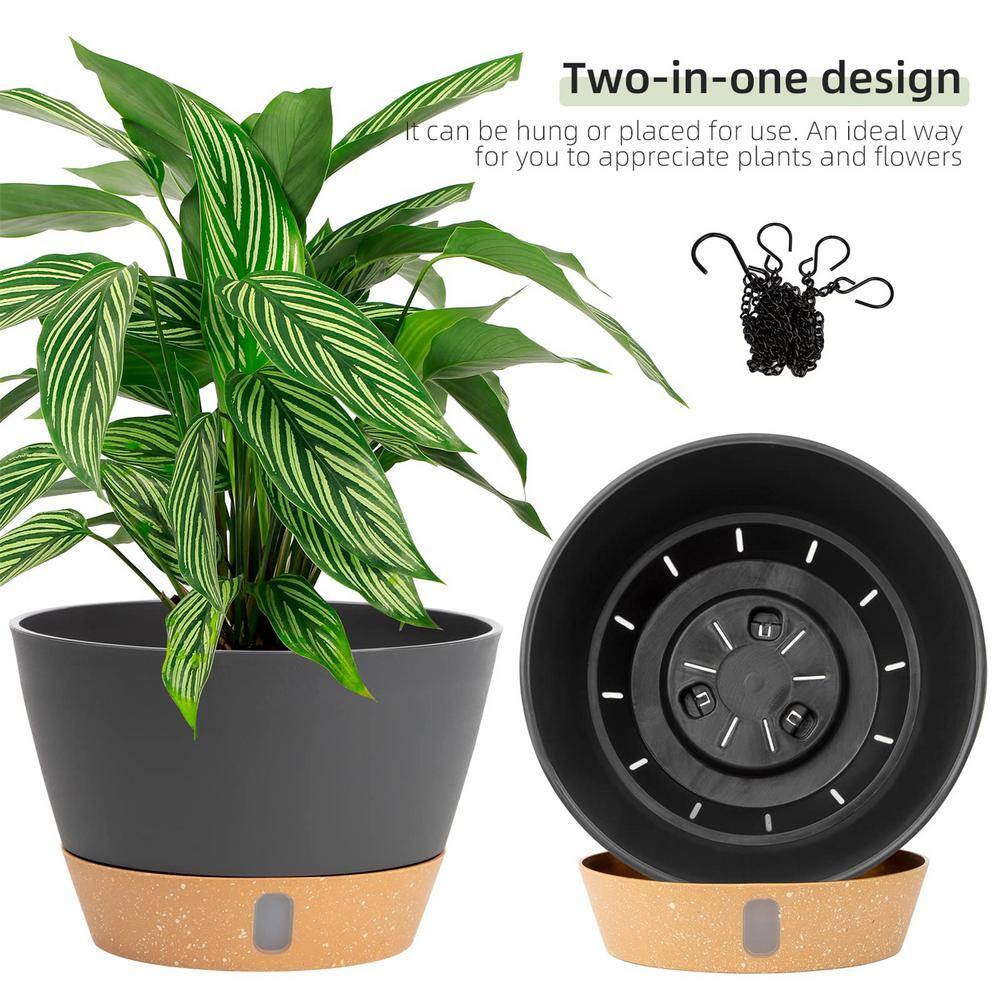 Dark Gray and Beige Plastic Hanging Planter with Reservoir Tray, 8-inch, 2-Pack