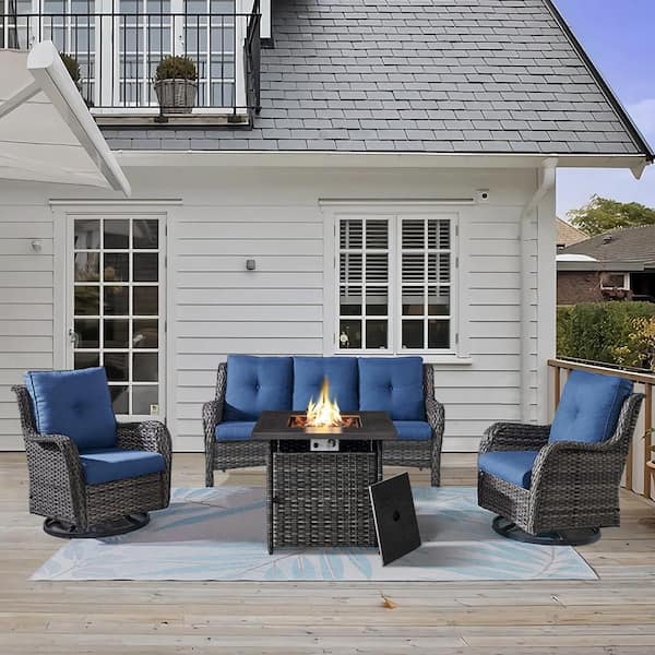 Gymojoy Carolina 4-Piece Wicker Patio Fire Pit Sectional Seating Set with Cushions