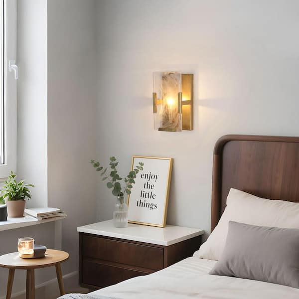 1-Light Antique Gold Leaf Wall Sconce, Rectangle Clouded Glass Bedroom Wall Light, Mid-Century Modern Light Fixture
