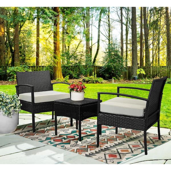 3-Piece Wicker Patio Conversation Set with Tan Cushions