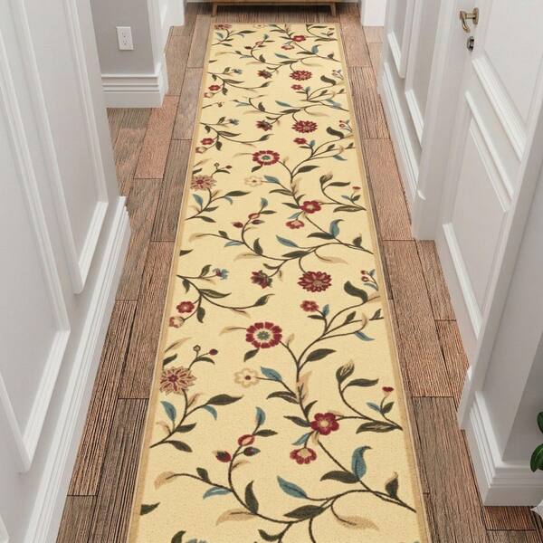 Homeline Non-Slip Rubberback 3 ft. x 51 ft. Floral Indoor Runner Rug, Beige