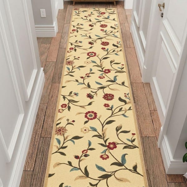Homeline Non-Slip Rubberback 3 ft. x 9 ft. Floral Indoor, Beige Runner Rug