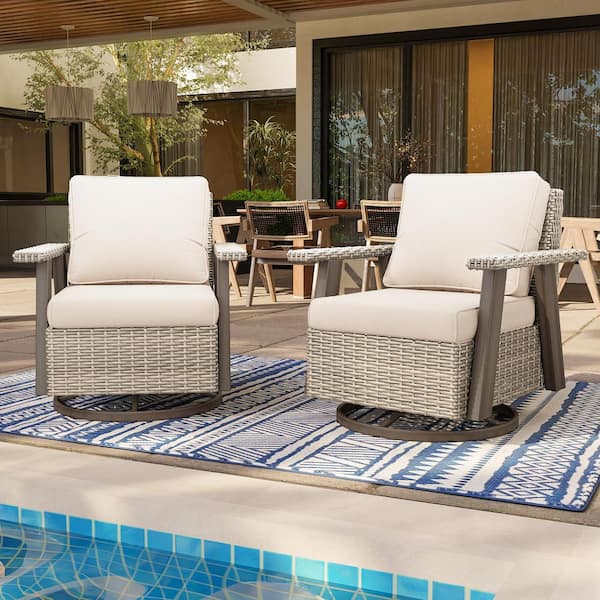 Brown Swivel Wicker Outdoor Lounge Chair Seating Set with Beige Cushions (2-Pack)