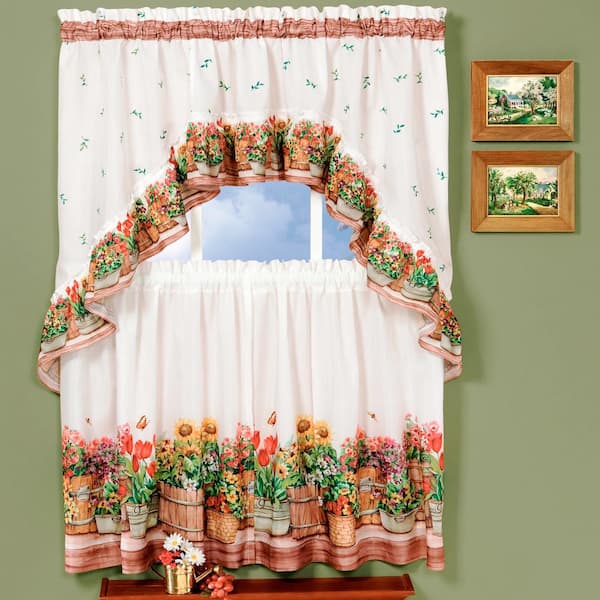 ACHIM Country Garden Multi-Color Polyester Light Filtering Rod Pocket Tier and Swag Curtain Set 57 in. W x 36 in. L