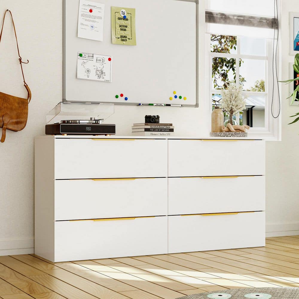 White Accents 6-Drawer 63 in. Chest of Drawers with Cut-Out Handles for Bedroom or Closet Storage