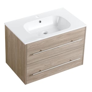 35.6 in. W x 18.1 in. D x 20.2 in. H Single Sink Floating Bath Vanity in White Oak with White Top