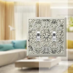 Filigree 2 Gang Toggle Metal Wall Plate - Antique White
